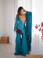 Ravishing Sky Blue Silk Embroidery Work Sharara Suit