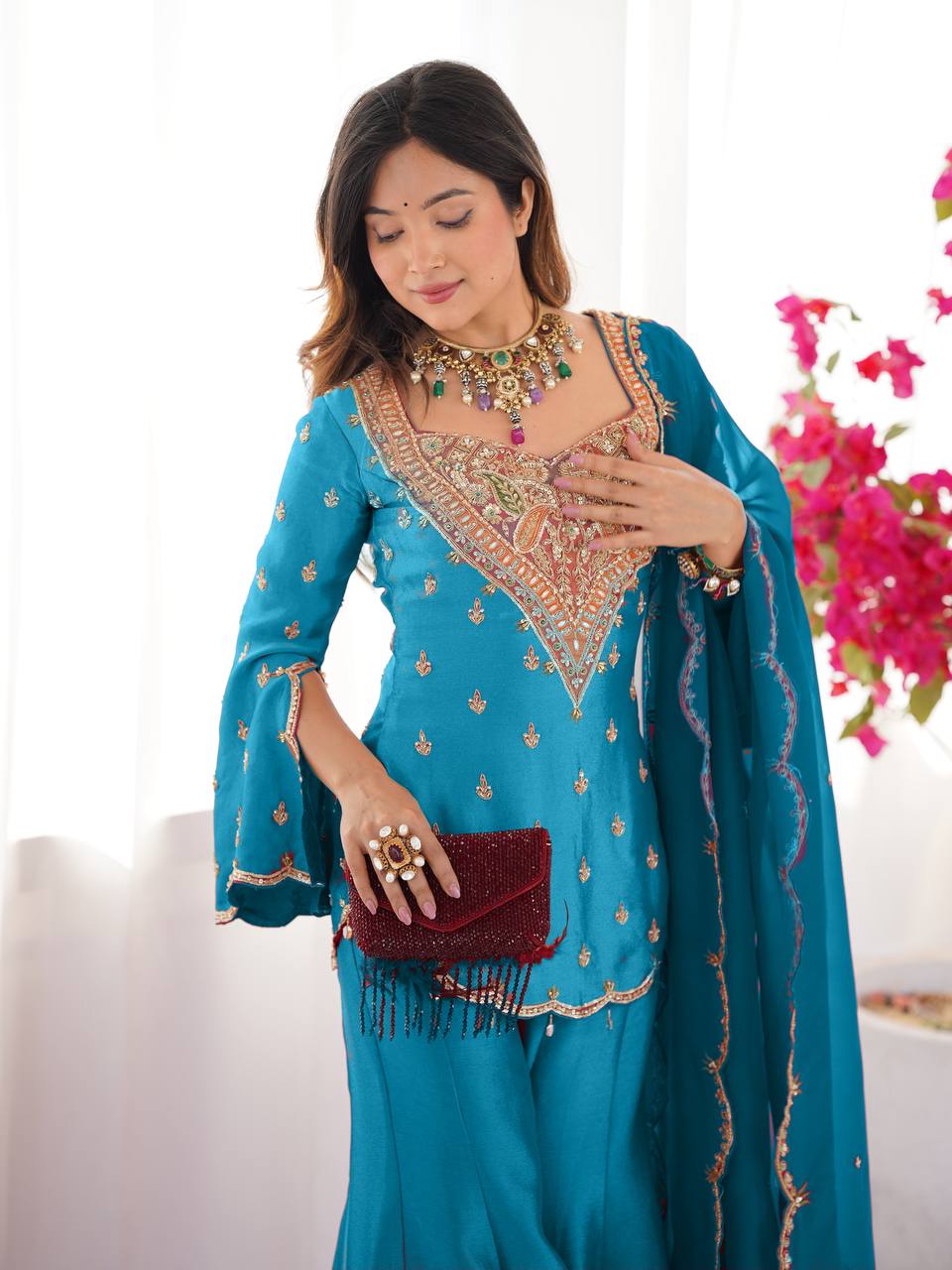 Ravishing Sky Blue Silk Embroidery Work Sharara Suit
