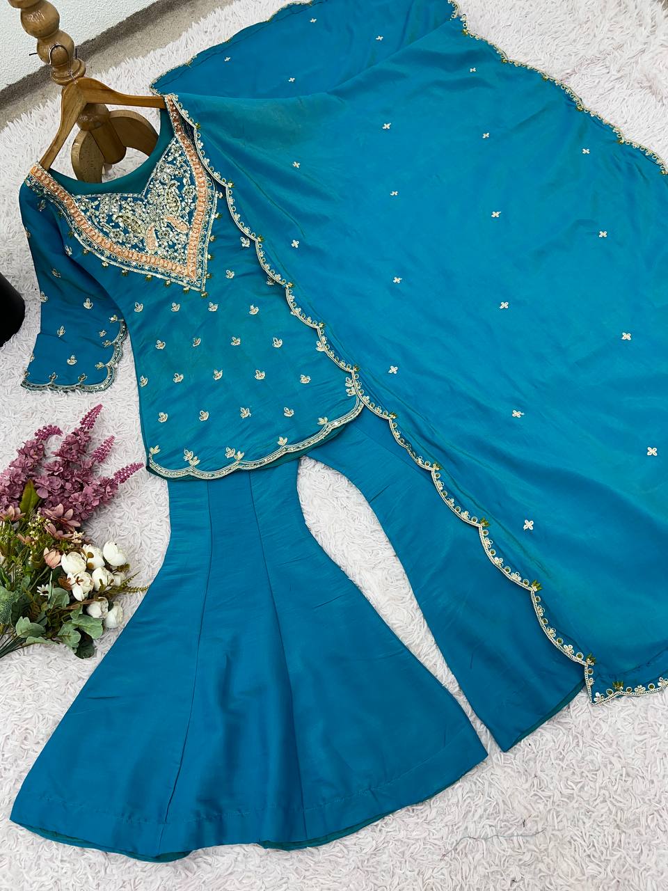 Ravishing Sky Blue Silk Embroidery Work Sharara Suit