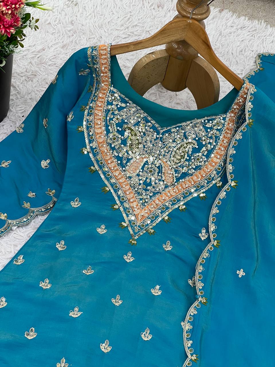 Ravishing Sky Blue Silk Embroidery Work Sharara Suit