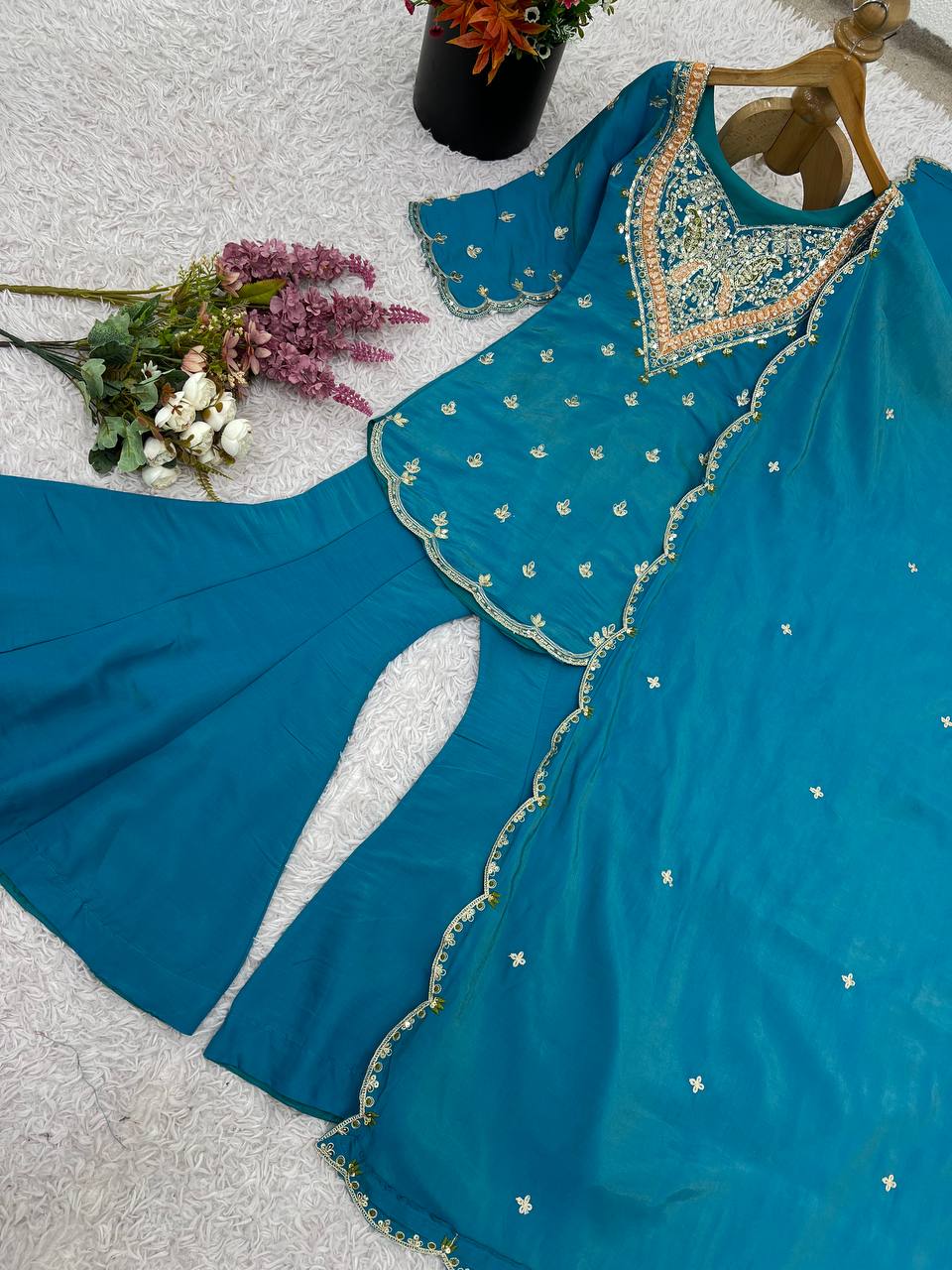 Ravishing Sky Blue Silk Embroidery Work Sharara Suit