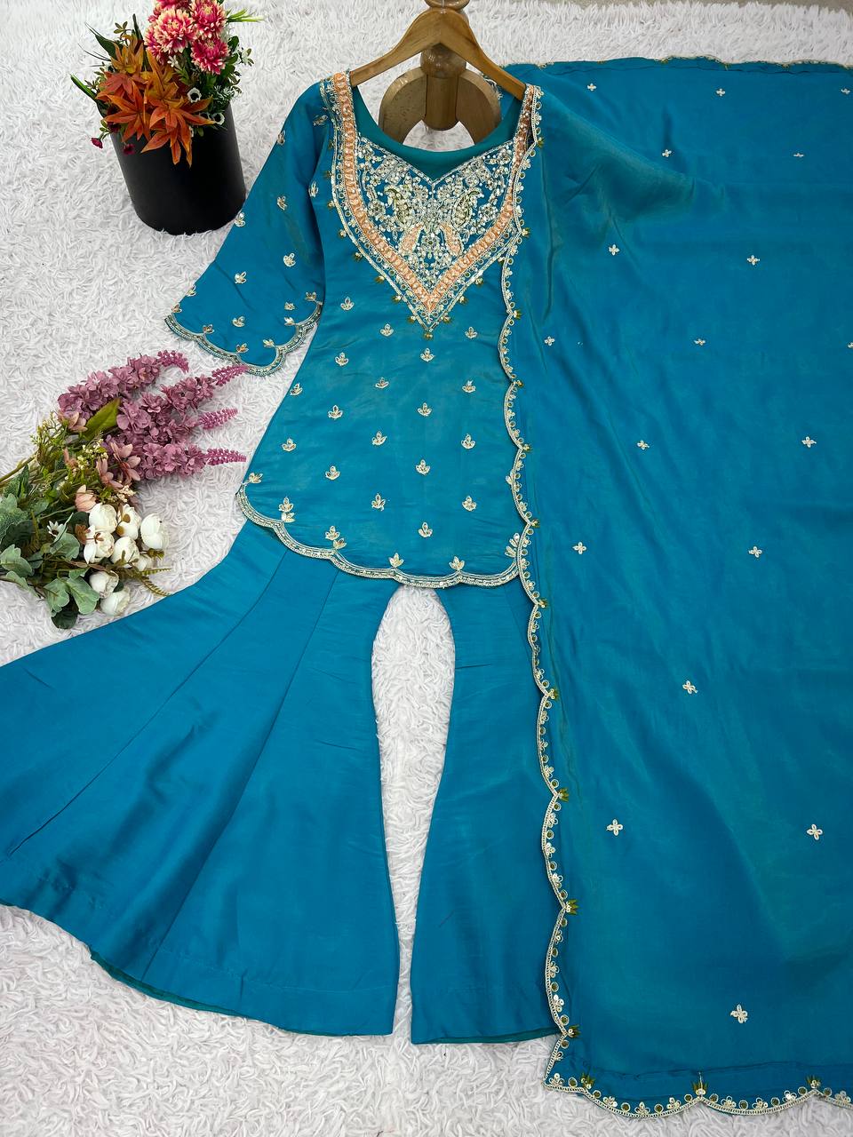 Ravishing Sky Blue Silk Embroidery Work Sharara Suit