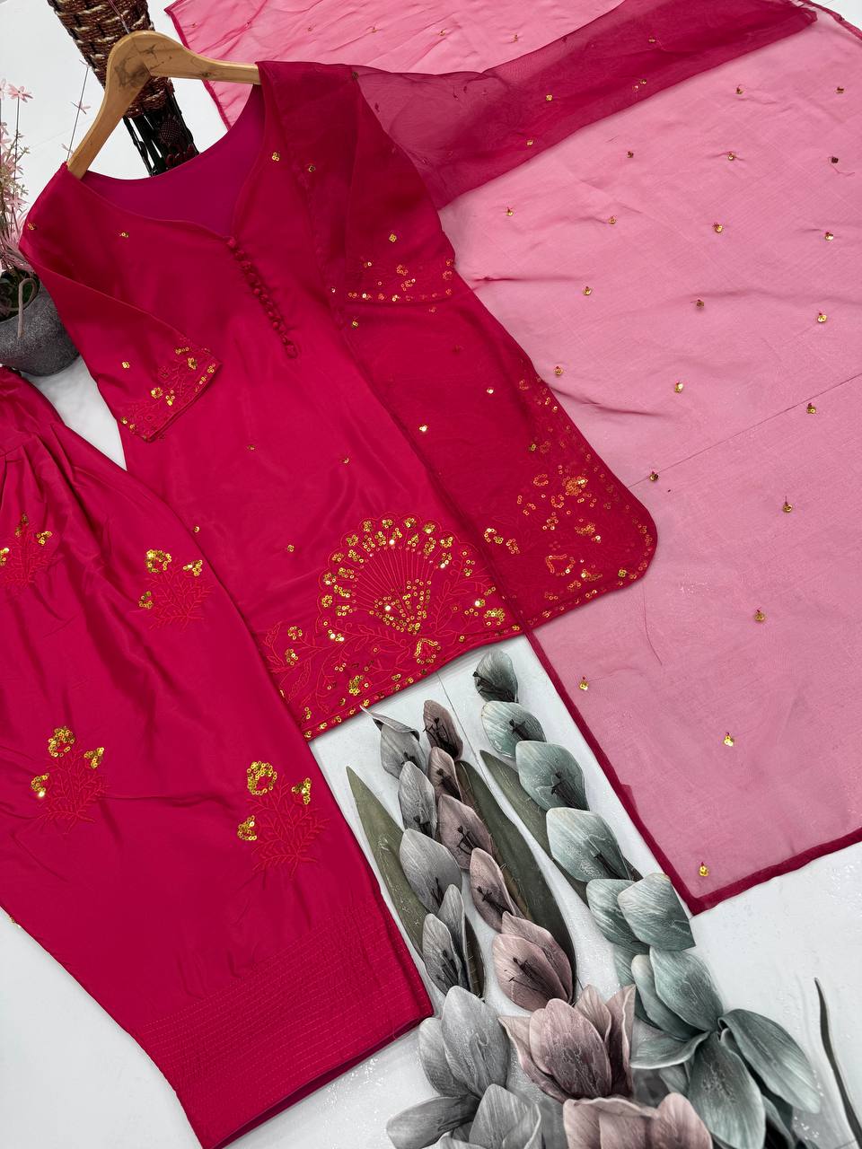 Trendy Red Color Sequence Work Palazzo Suit
