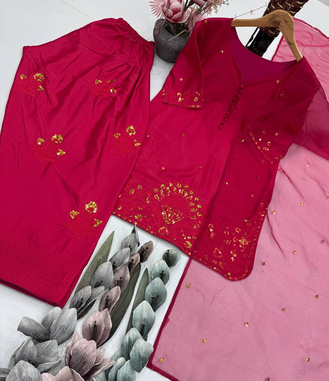 Trendy Red Color Sequence Work Palazzo Suit