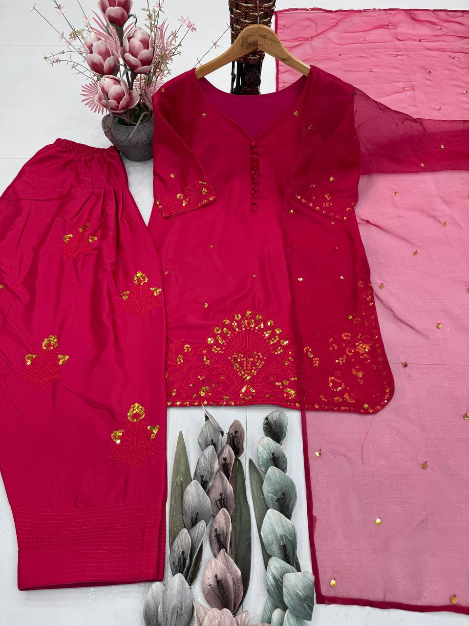 Trendy Red Color Sequence Work Palazzo Suit