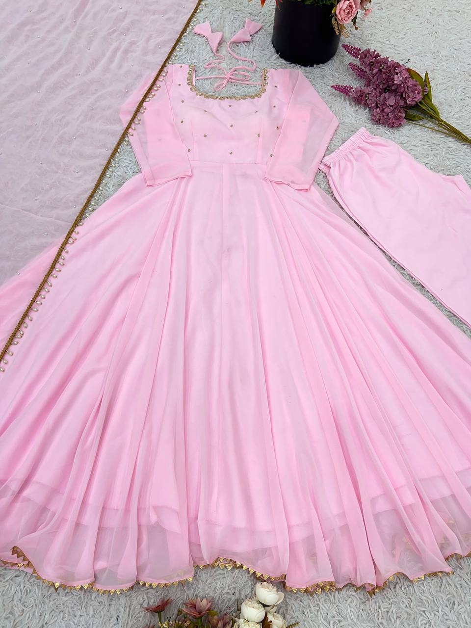 Beautiful Pink Color Georgette Embroidery Work Gown