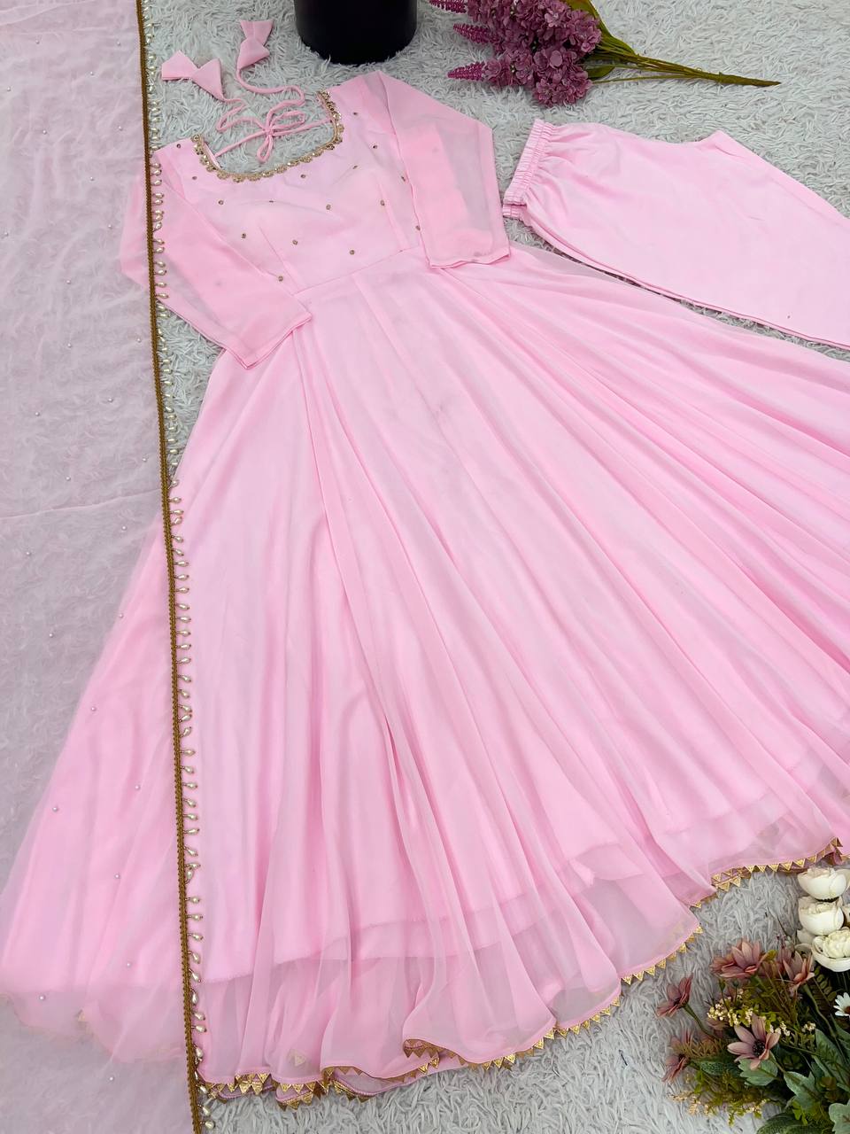 Beautiful Pink Color Georgette Embroidery Work Gown