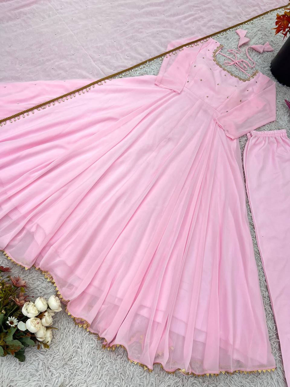 Beautiful Pink Color Georgette Embroidery Work Gown