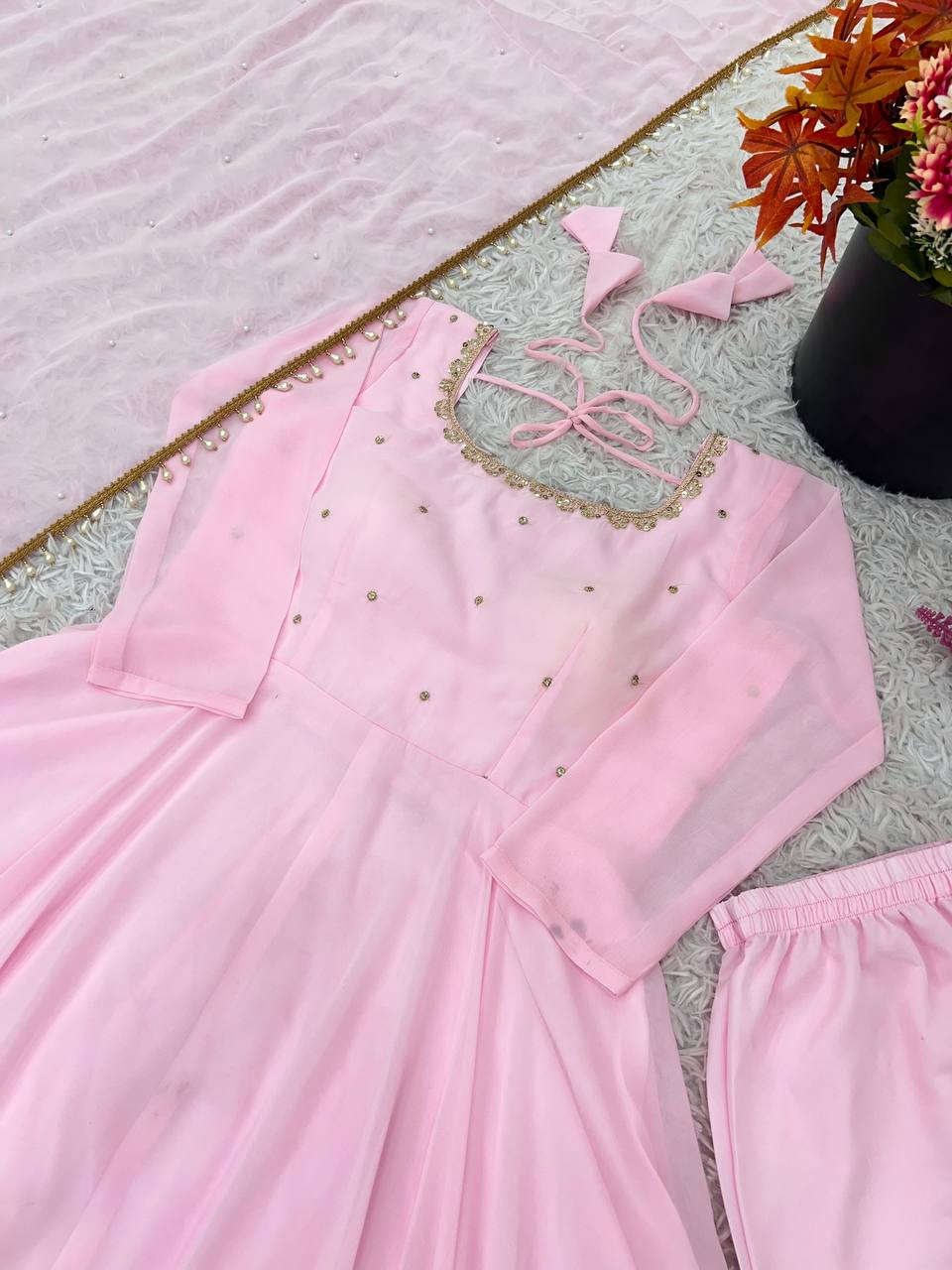 Beautiful Pink Color Georgette Embroidery Work Gown
