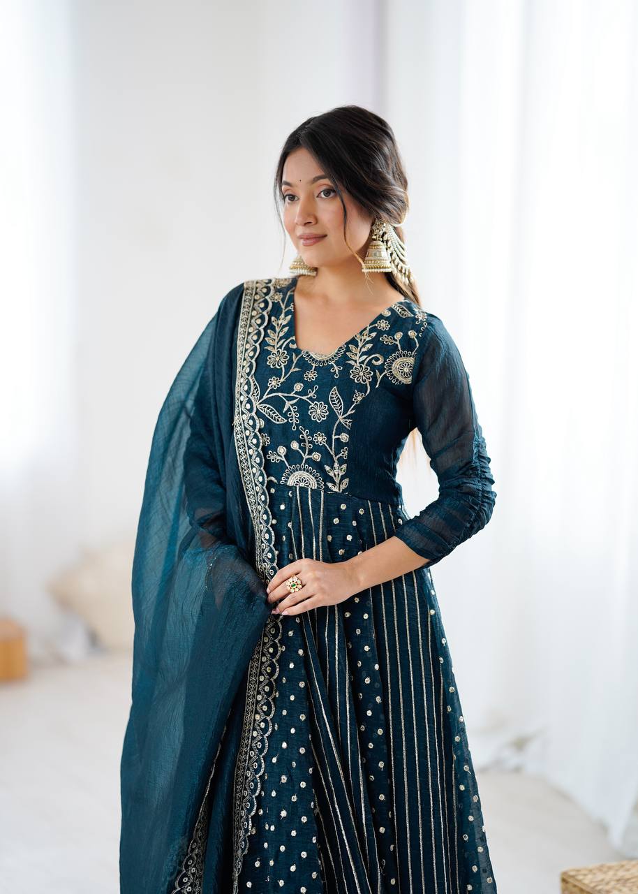 Trendy Green Color Silk with Embroidery Work Gown