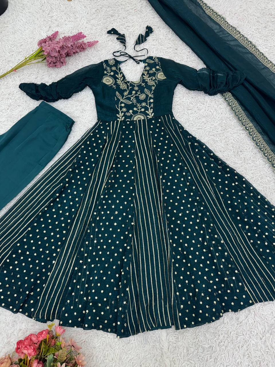 Trendy Green Color Silk with Embroidery Work Gown