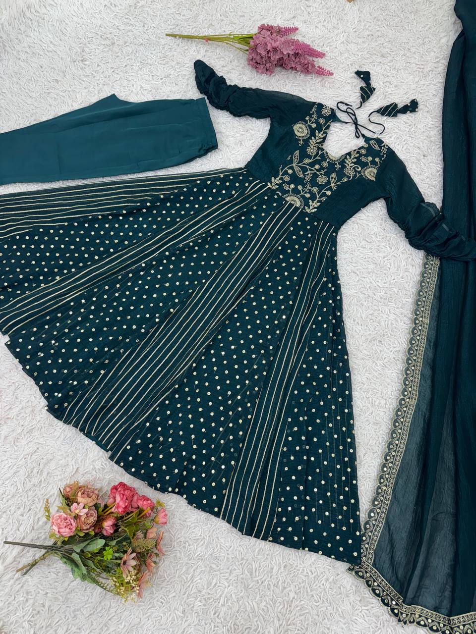 Trendy Green Color Silk with Embroidery Work Gown