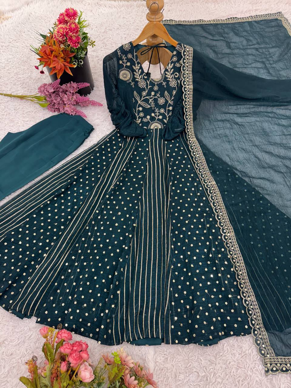 Trendy Green Color Silk with Embroidery Work Gown