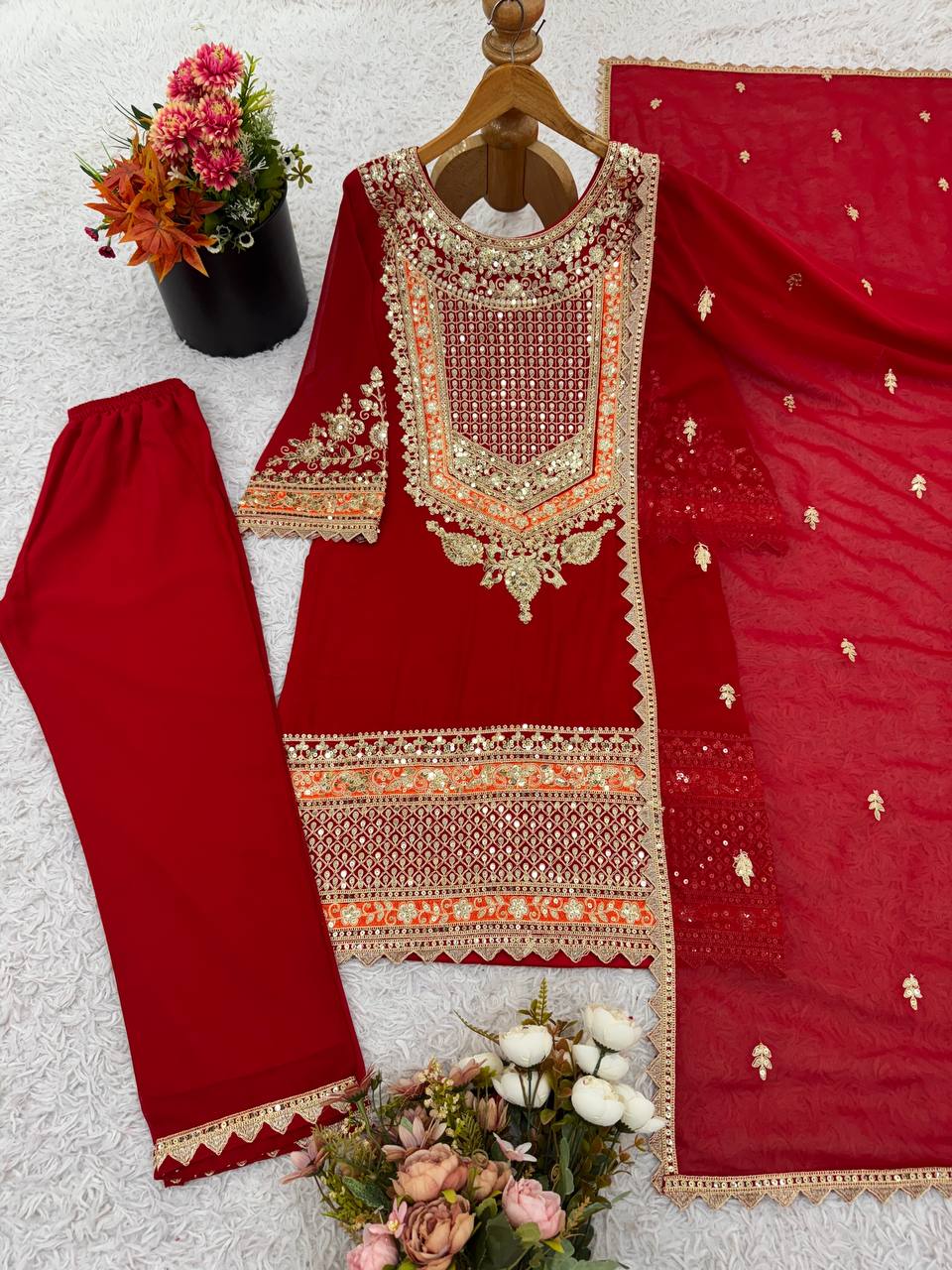 Pretty Red Georgette Sequence Work Palazzo Suit