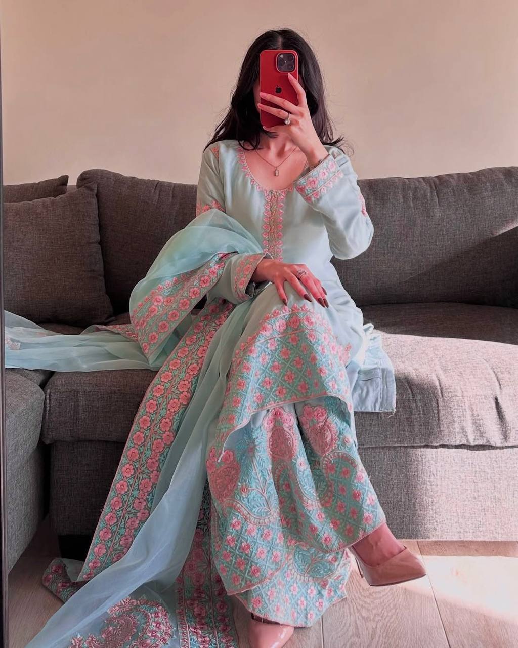 Pretty Sky Blue Silk Embroidered Palazzo Suit