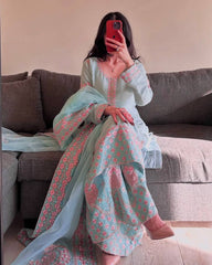 Pretty Sky Blue Silk Embroidered Palazzo Suit