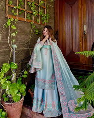 Pretty Sky Blue Silk Embroidered Palazzo Suit