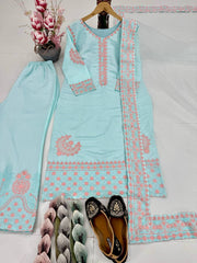 Pretty Sky Blue Silk Embroidered Palazzo Suit