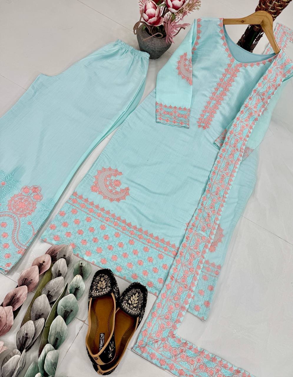 Pretty Sky Blue Silk Embroidered Palazzo Suit