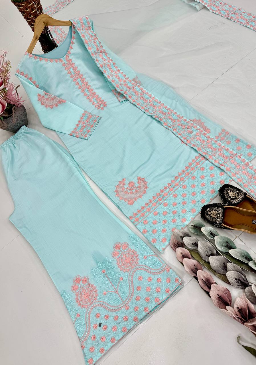 Pretty Sky Blue Silk Embroidered Palazzo Suit