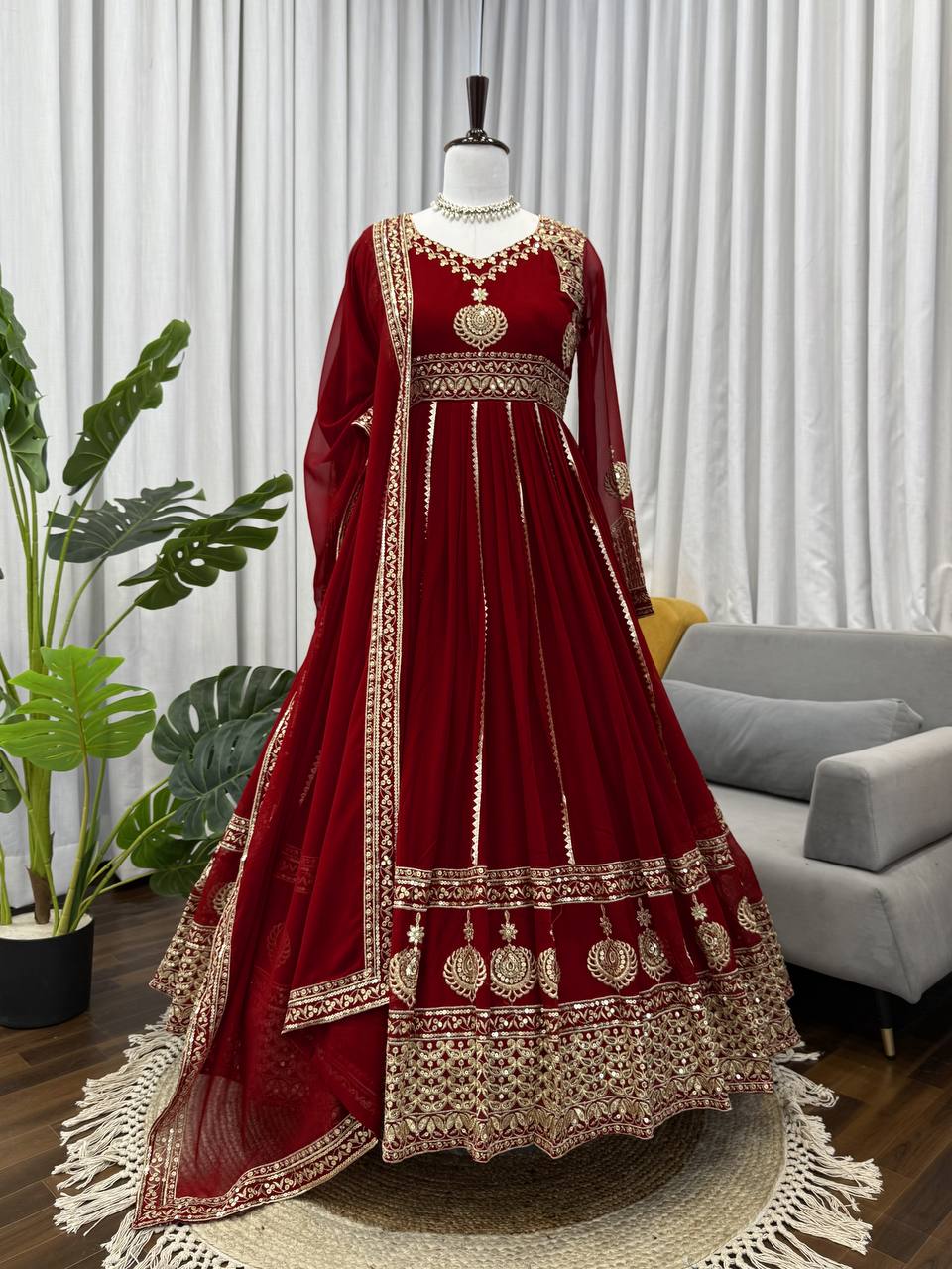 Ravishing Red Color Georgette Thread Work Anarkali Gown