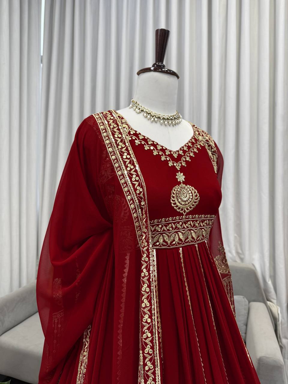Ravishing Red Color Georgette Thread Work Anarkali Gown