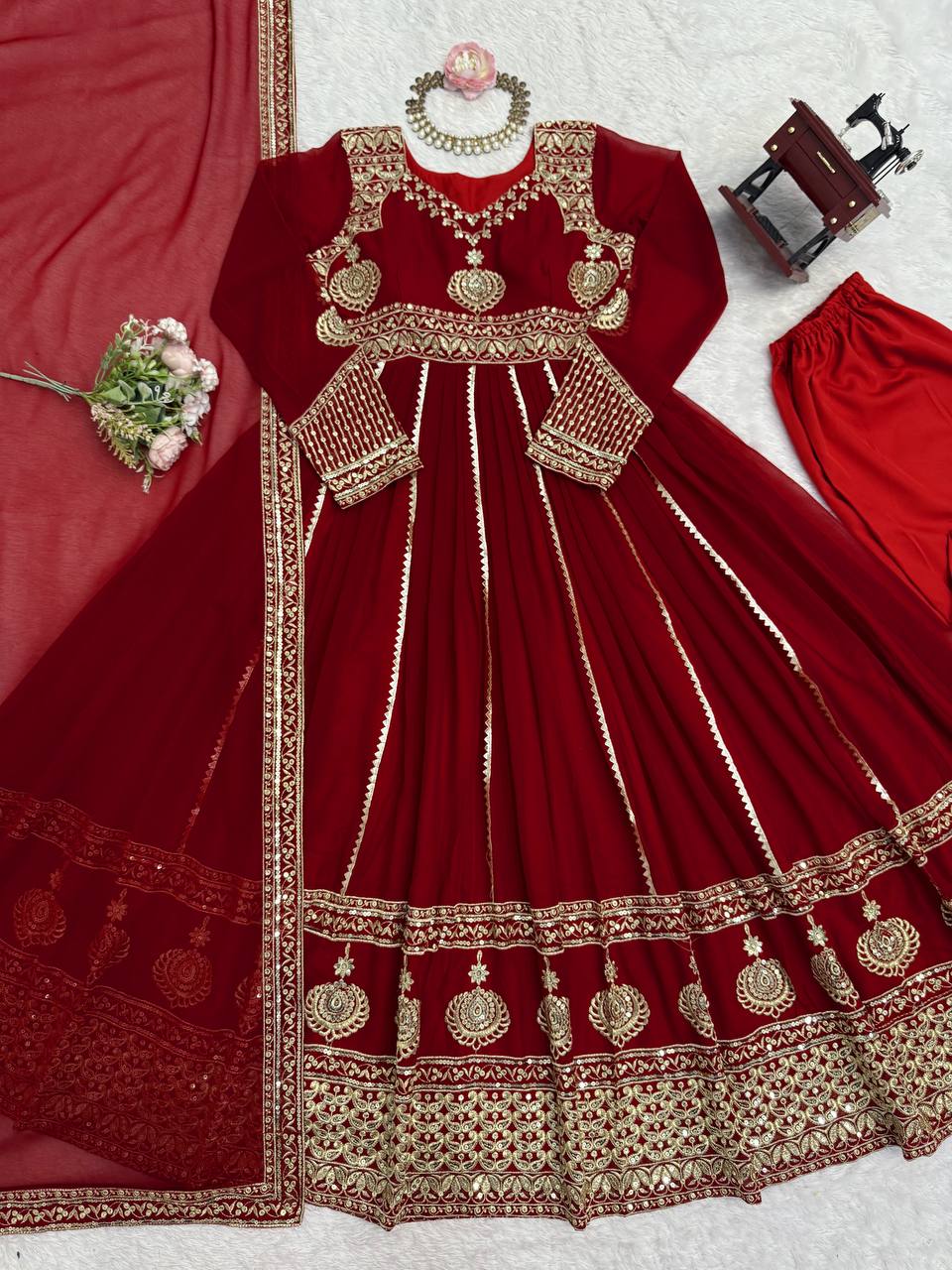 Ravishing Red Color Georgette Thread Work Anarkali Gown