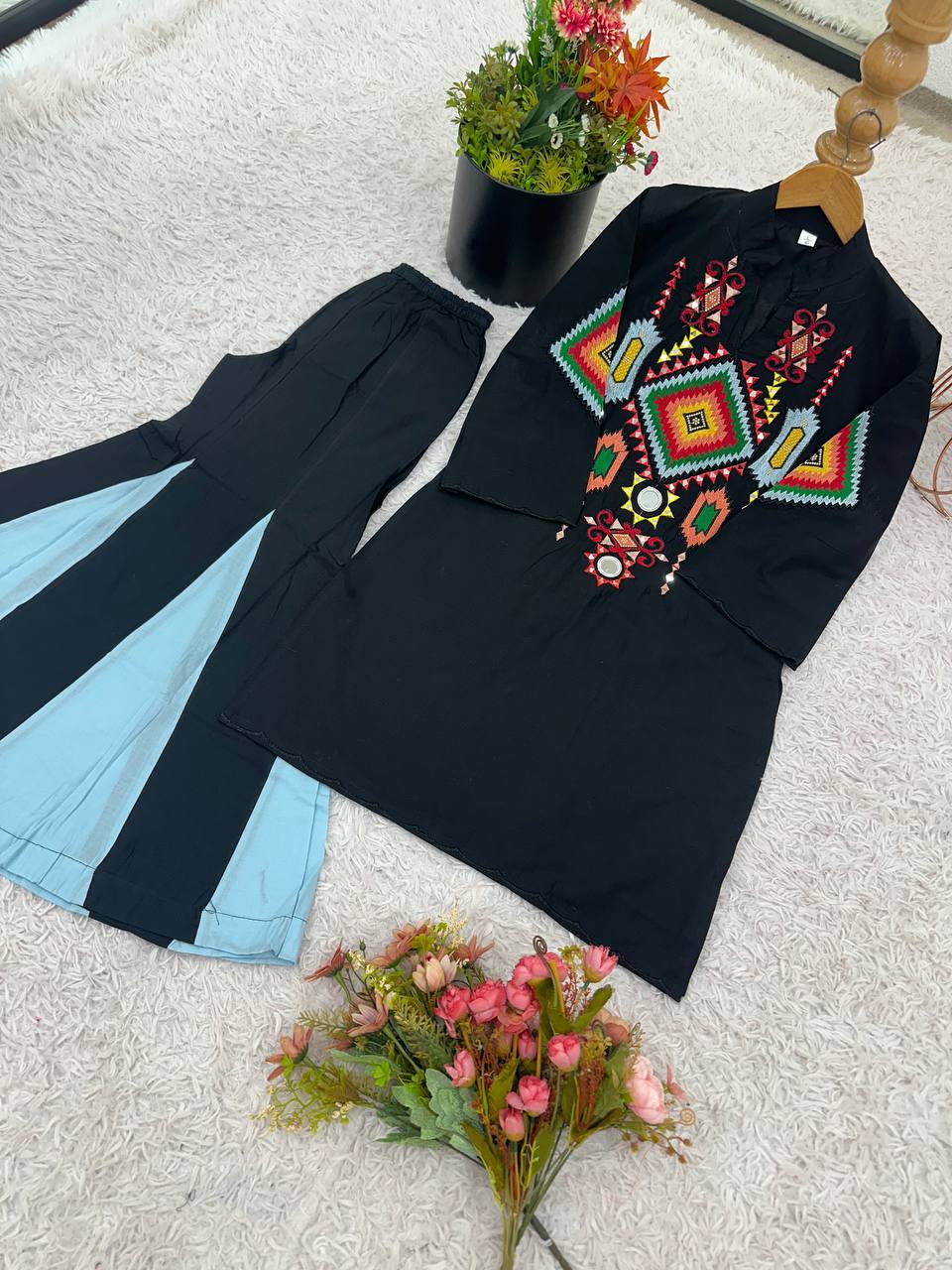 Stylish Black Color Cotton Work Co-ord Set