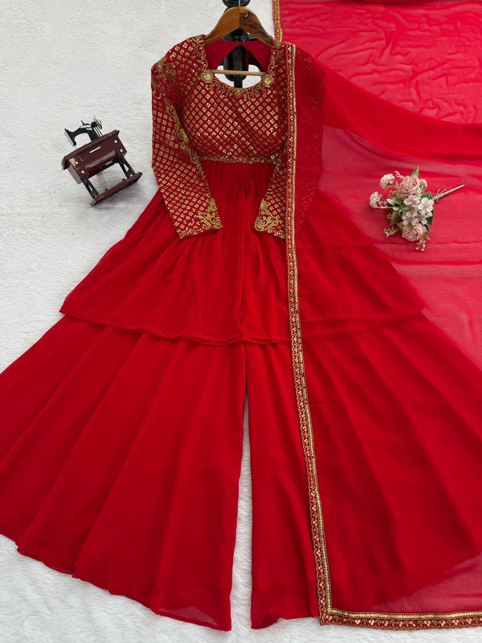 Ravishing Red Color Georgette Sequence Work Sharara Suit
