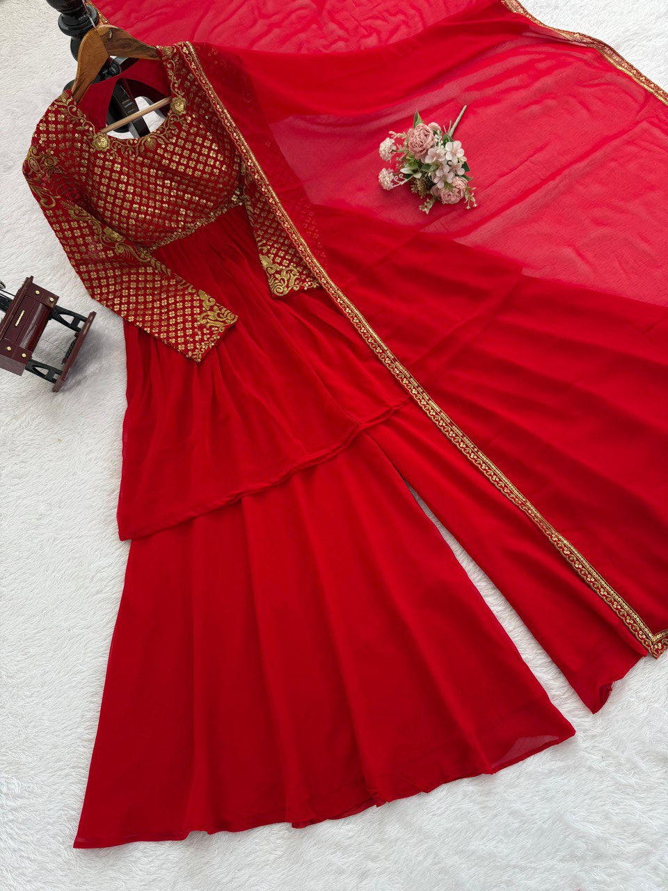 Ravishing Red Color Georgette Sequence Work Sharara Suit