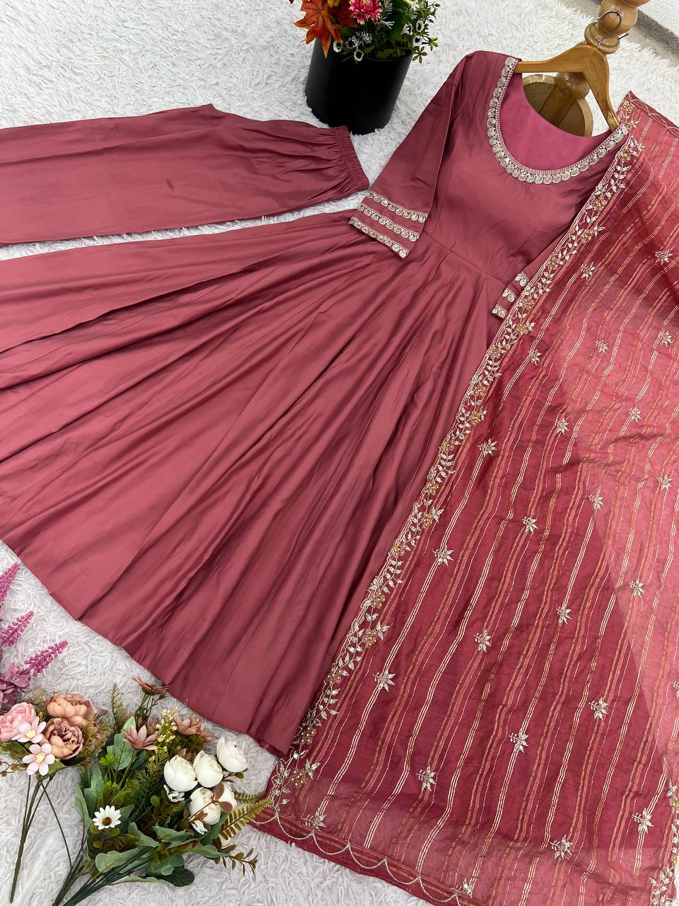 Lovely Pink Color Simmer Silk Work Gown