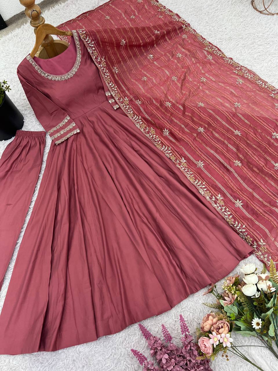 Lovely Pink Color Simmer Silk Work Gown