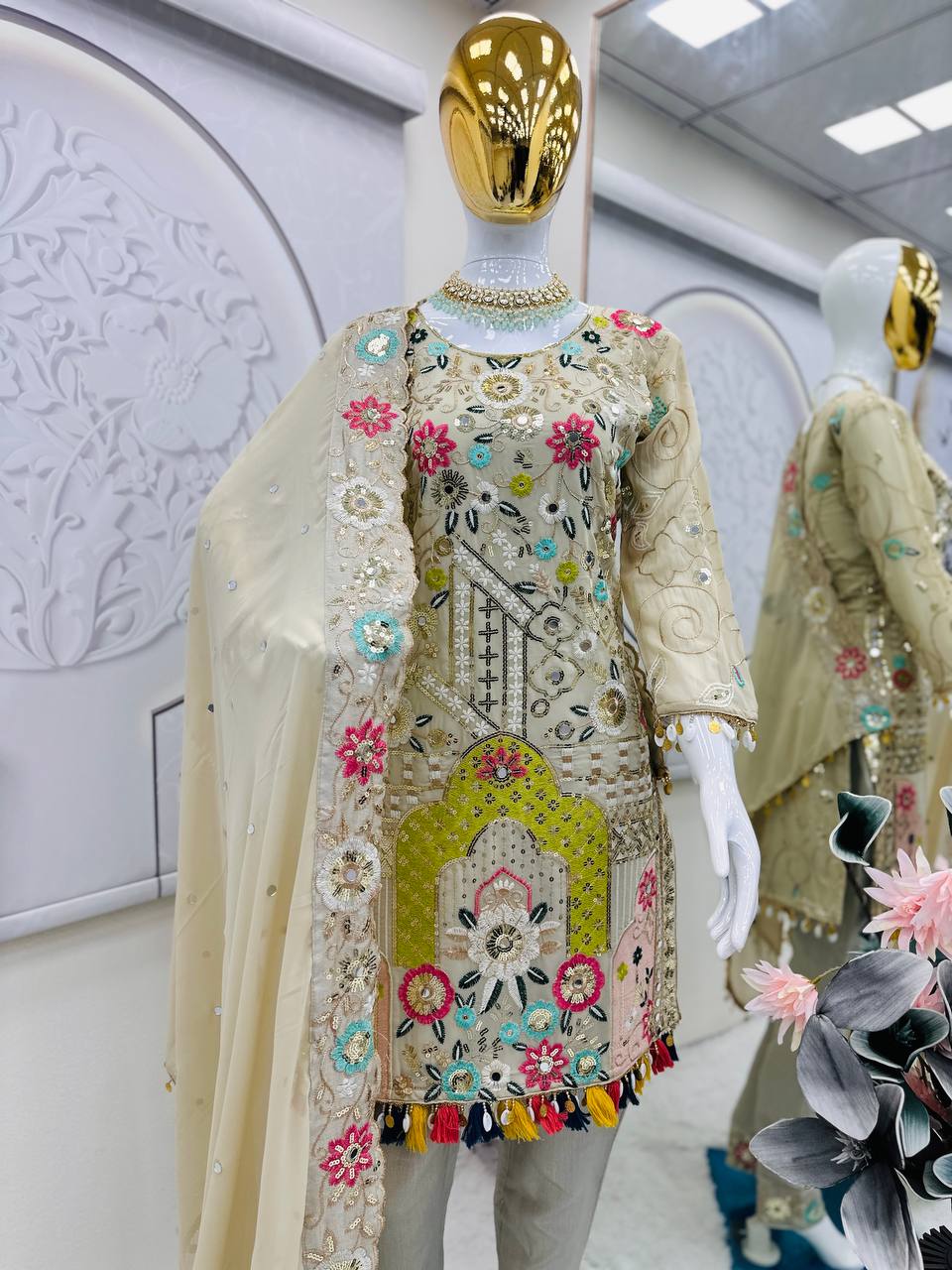 Gorgeous Beige Color Georgette Embroidery Work Salwar Suit