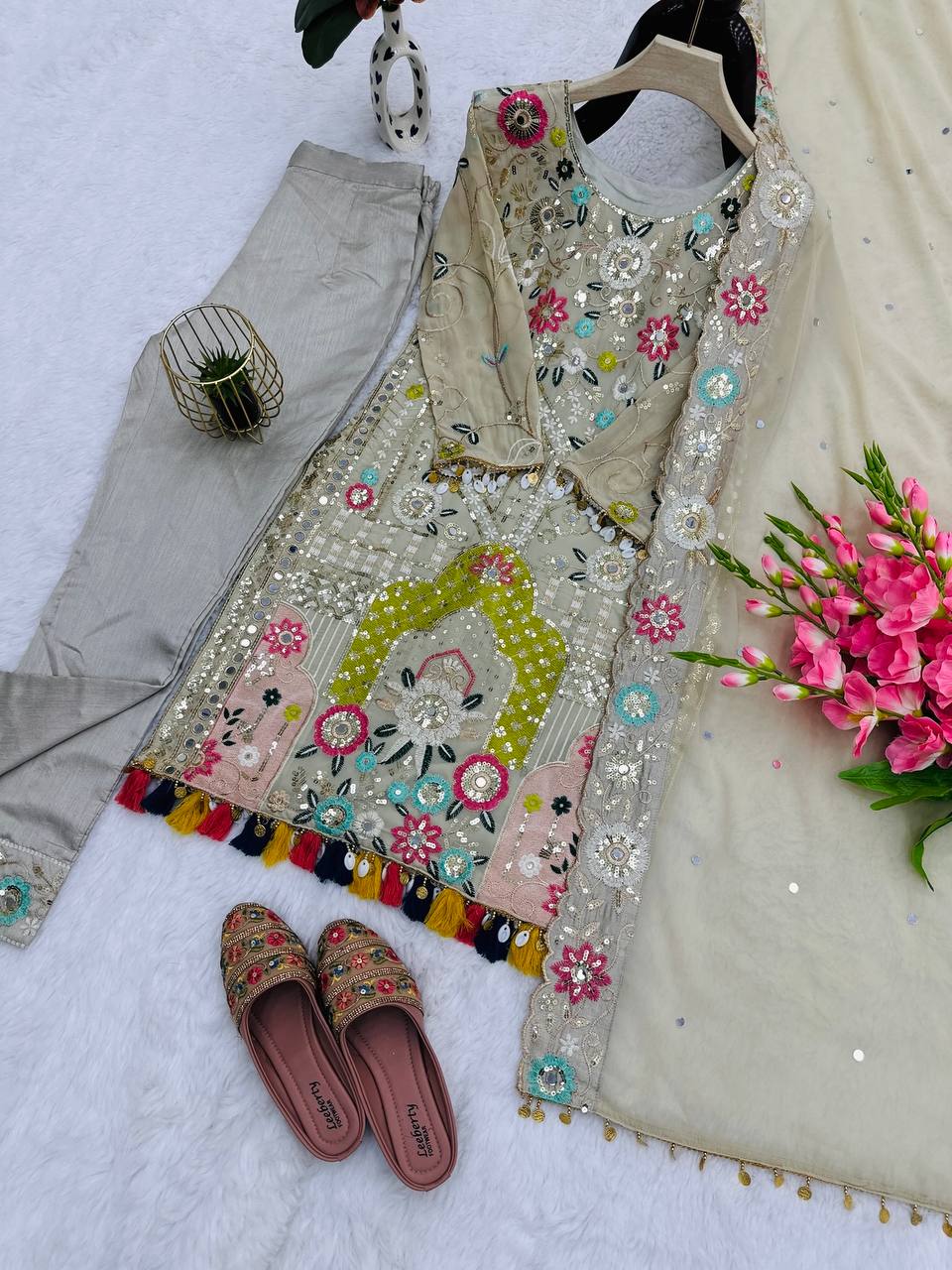 Gorgeous Beige Color Georgette Embroidery Work Salwar Suit