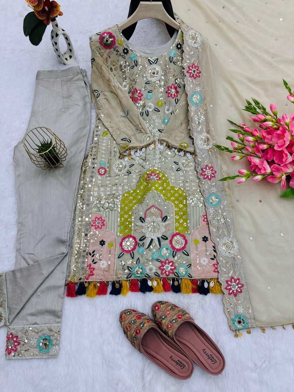 Gorgeous Beige Color Georgette Embroidery Work Salwar Suit