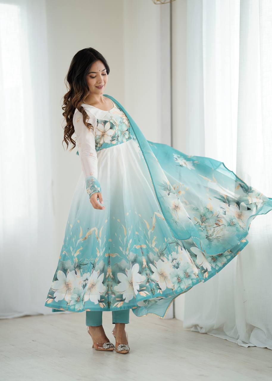 Glorious Sky Blue Organza Jari Work Anarkali Suit