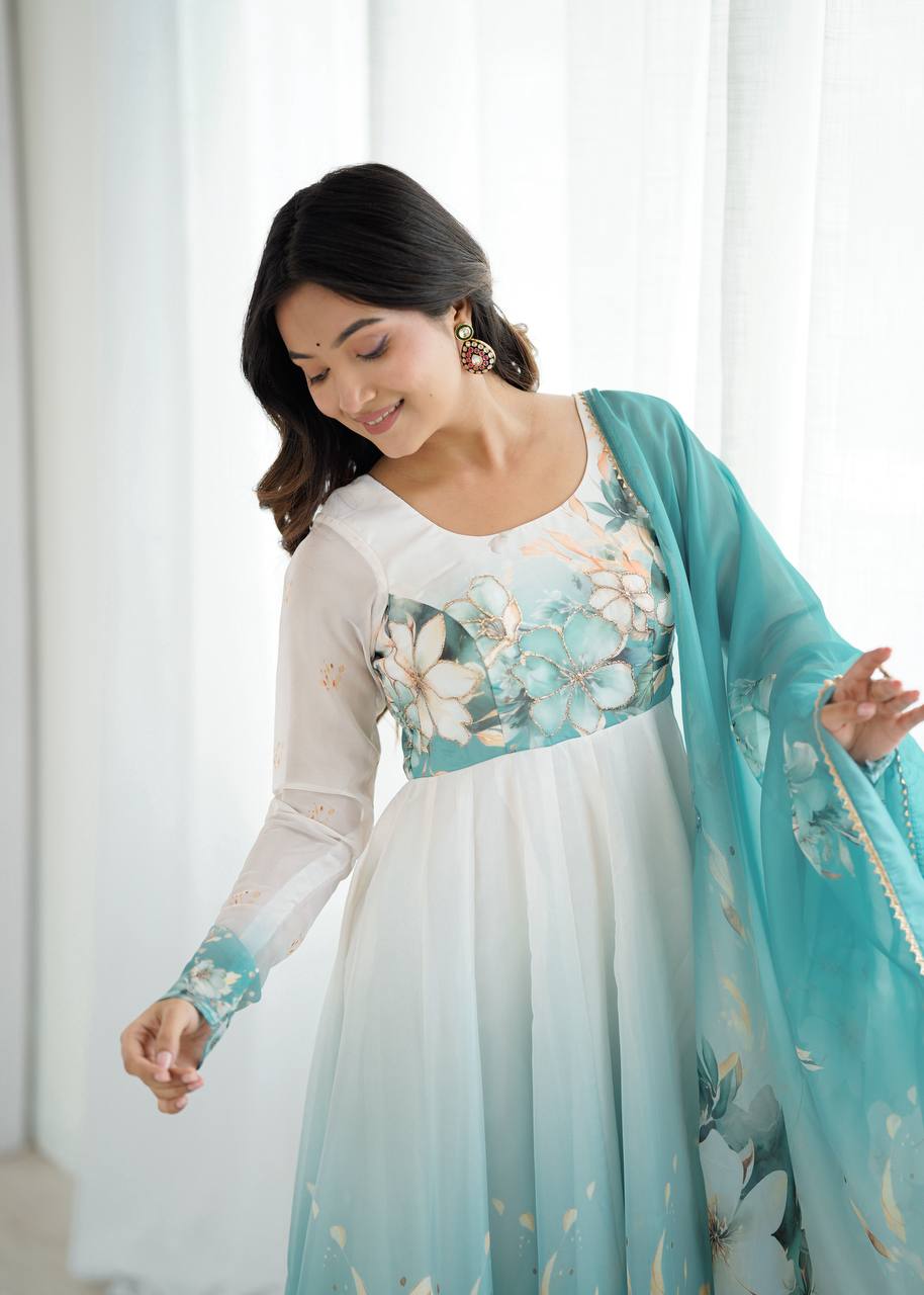 Glorious Sky Blue Organza Jari Work Anarkali Suit