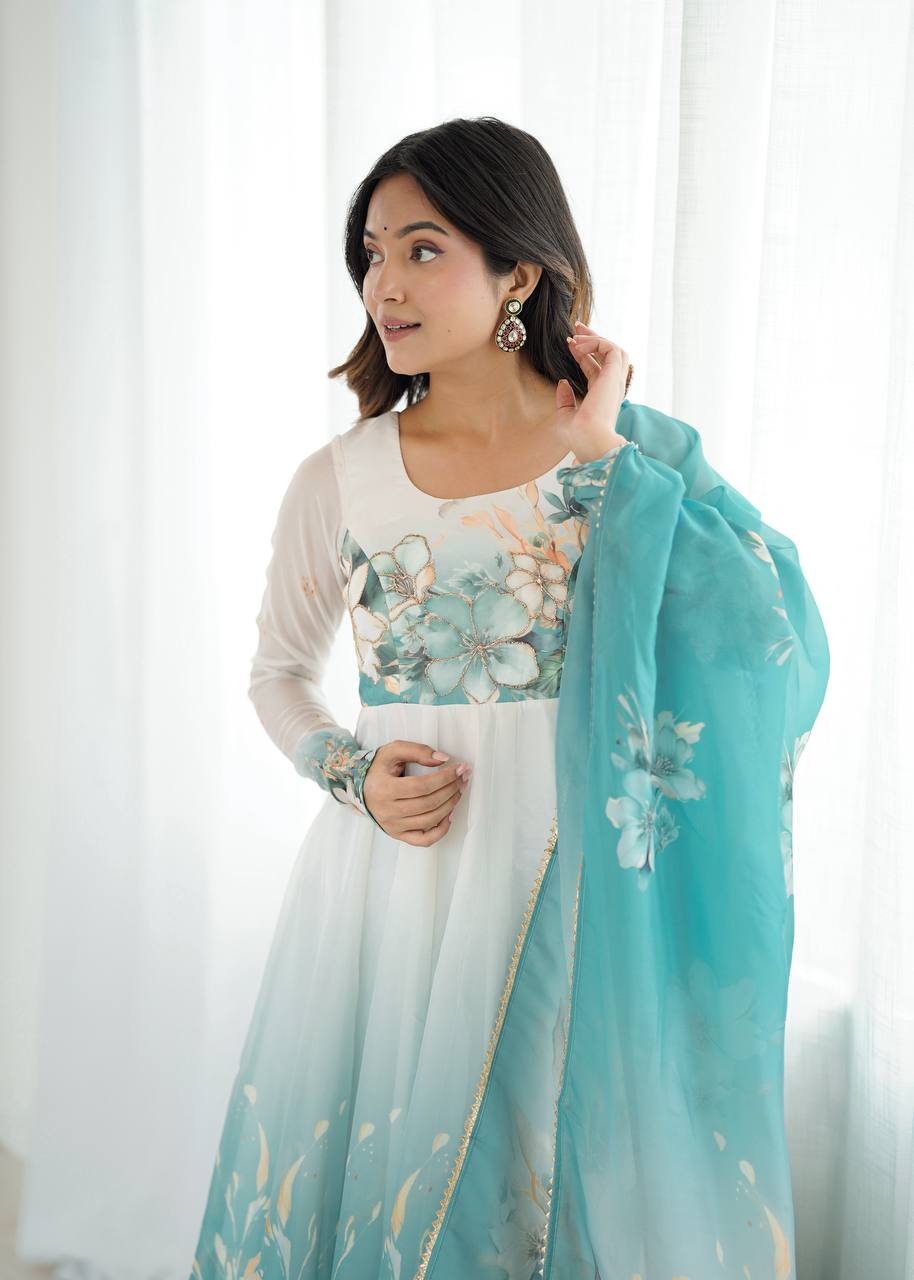 Glorious Sky Blue Organza Jari Work Anarkali Suit