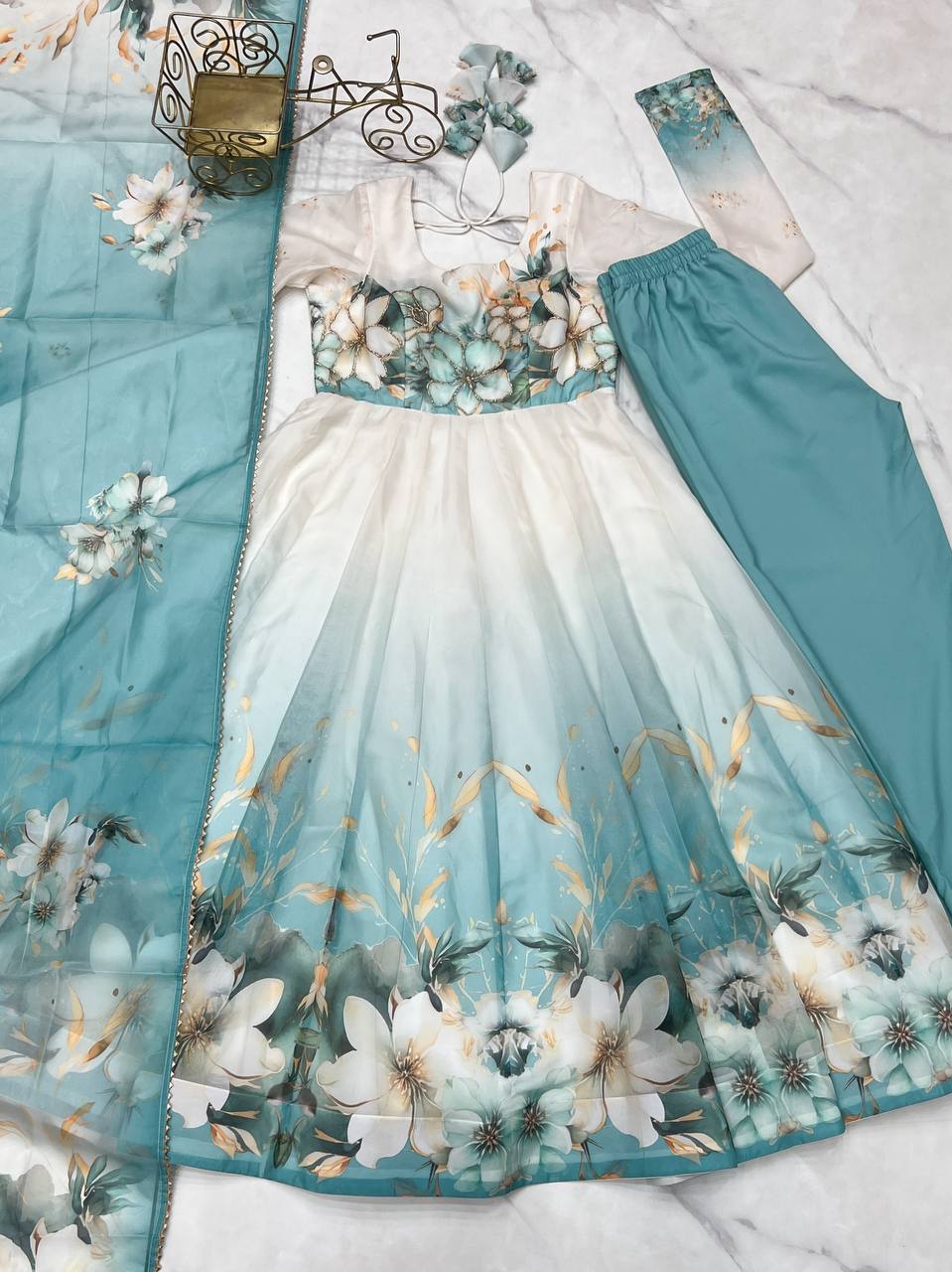Glorious Sky Blue Organza Jari Work Anarkali Suit
