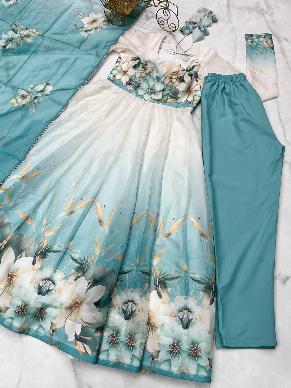 Glorious Sky Blue Organza Jari Work Anarkali Suit