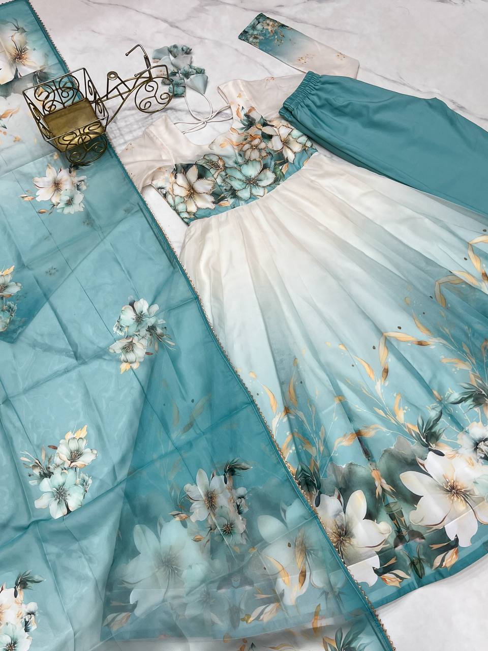 Glorious Sky Blue Organza Jari Work Anarkali Suit