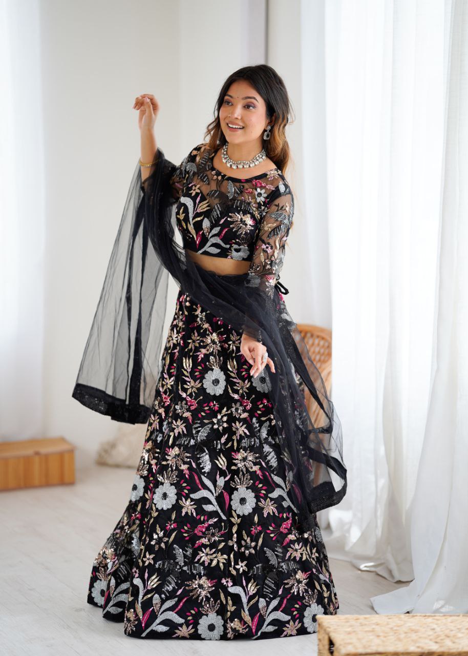 Ravishing Black Color Net Embroidery Work Lehenga Choli