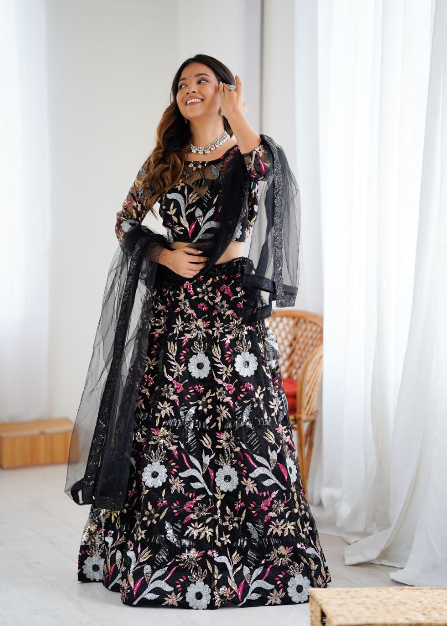 Ravishing Black Color Net Embroidery Work Lehenga Choli