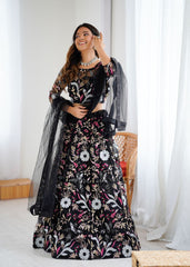Ravishing Black Color Net Embroidery Work Lehenga Choli