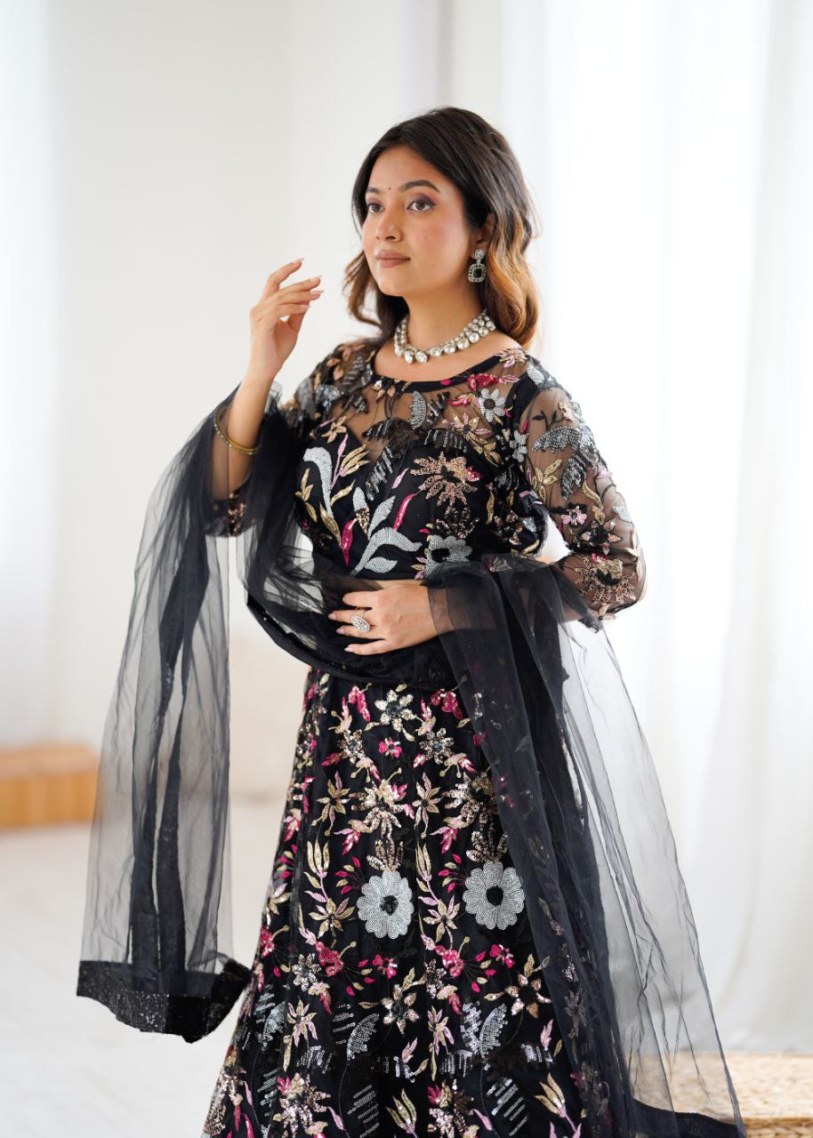 Ravishing Black Color Net Embroidery Work Lehenga Choli