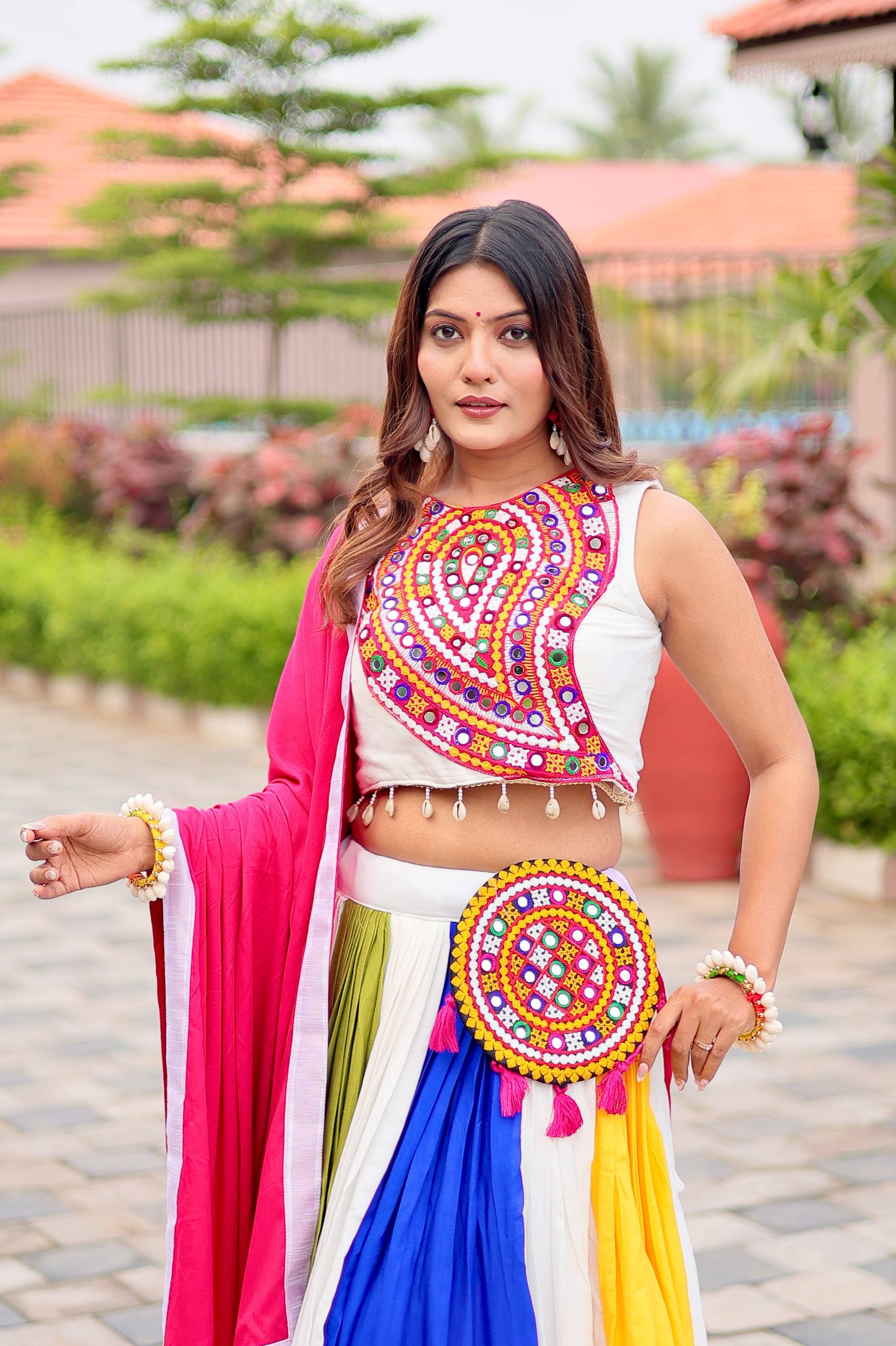 Lovely White Color Cotton Gamthi Work Lehenga Choli