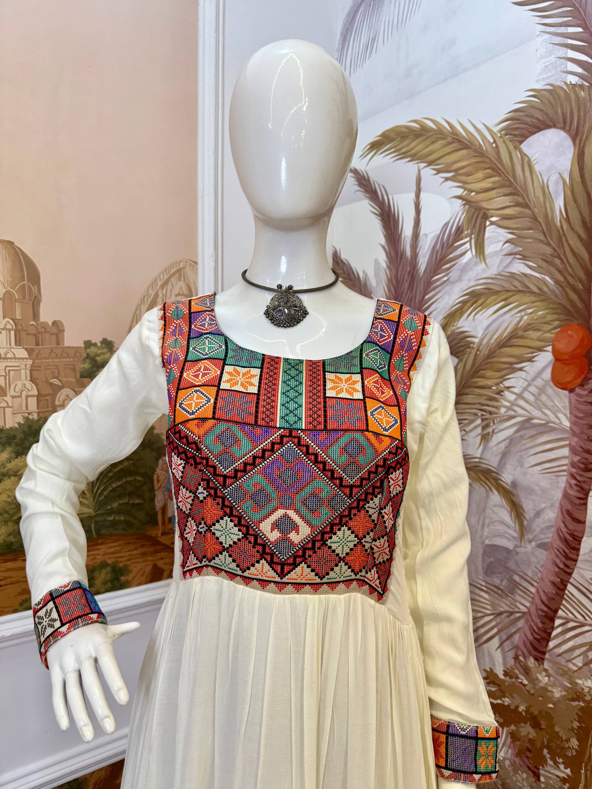 Gorgeous White Color Rayon with Gamthi Work Gown