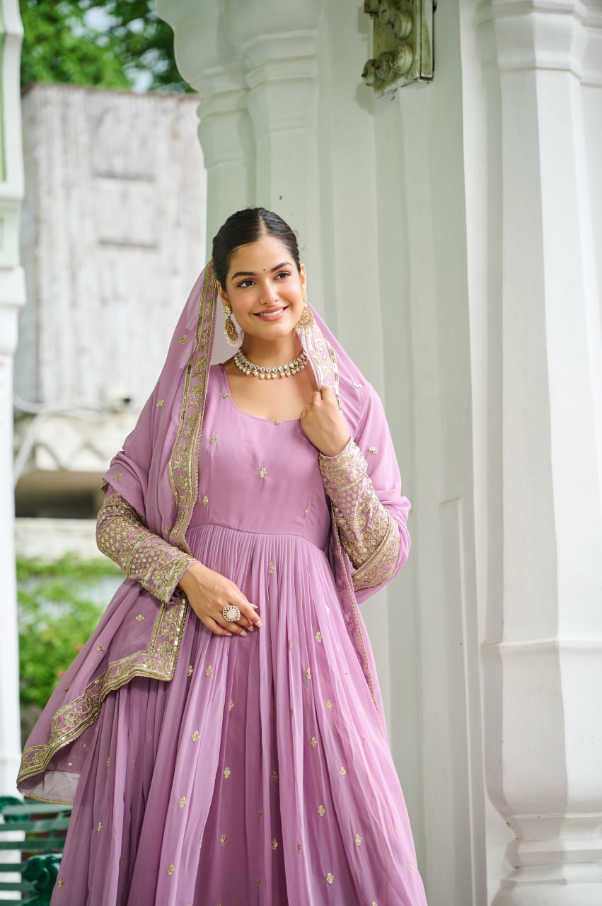 Trendy Sky Blue Color Georgette Embroidery Gown