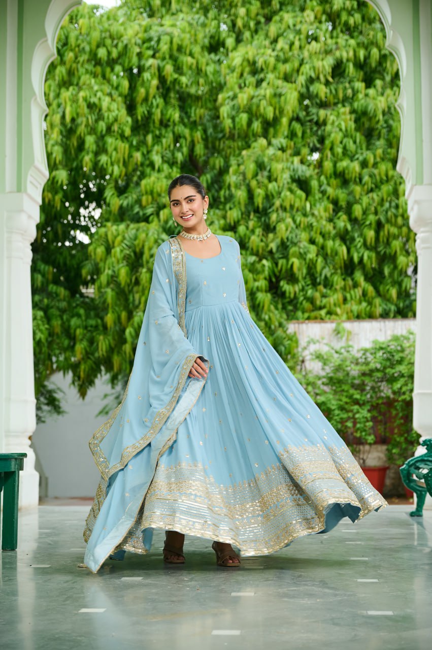 Trendy Sky Blue Color Georgette Embroidery Gown