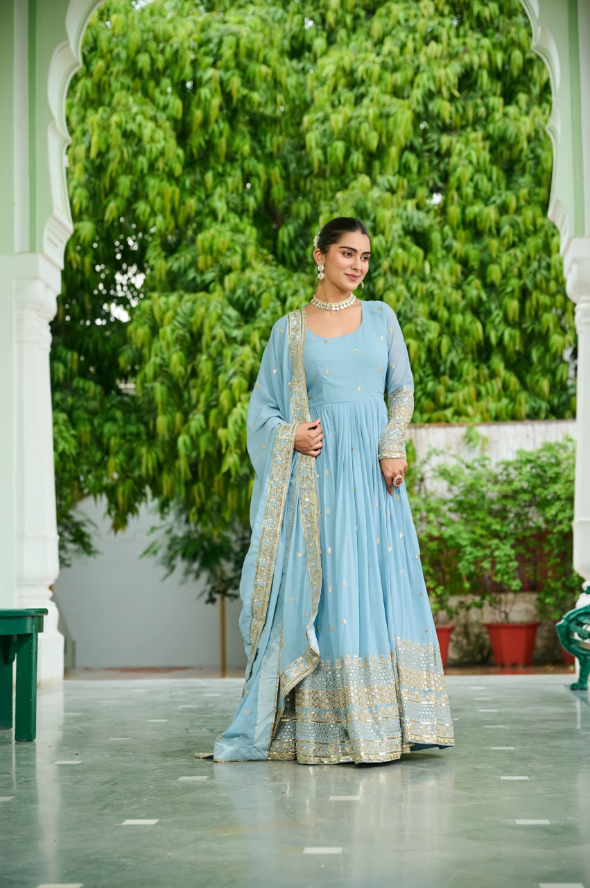 Trendy Sky Blue Color Georgette Embroidery Gown